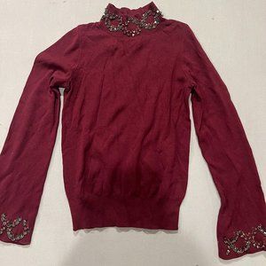 ANN TAYLOR Burgundy Red Rhinestone & Sequins Trim High Neck Sweater Sz XS